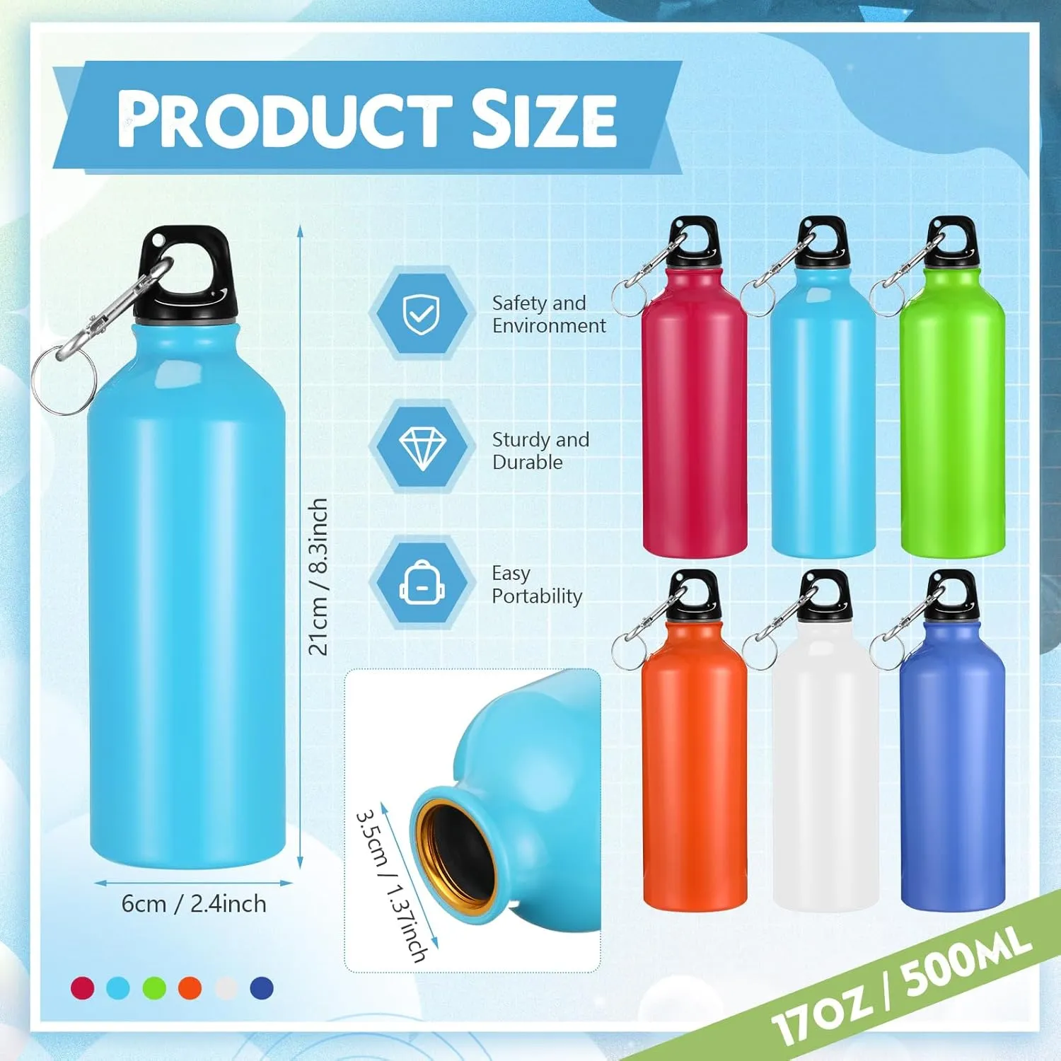 Yaomiao 36 Pcs Lightweight Aluminum Water Bottle Bulk 17 oz Leak Proof Bike Water Sports Bottles with Buckle and Twist Cap Team Reusable for Sports Gym Bicycle Camping(Mix 3)