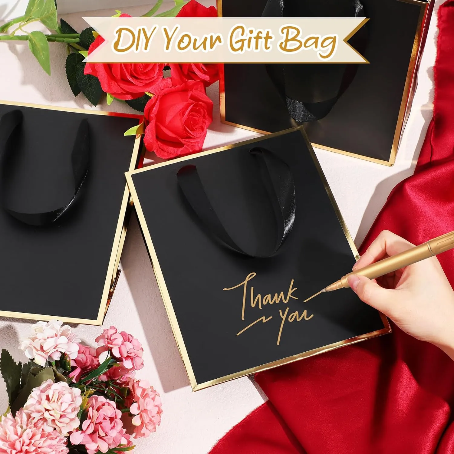 Yeaqee 10 Pack Metallic Paper Gift Bags with Handles Tissue Paper Thank You 5 Senses Gift Bags for Him Her Graduation Baby Shower Wedding Bridal Shower Groomsmen Favor 9 x 7 x 3.15''(Black, Gold)