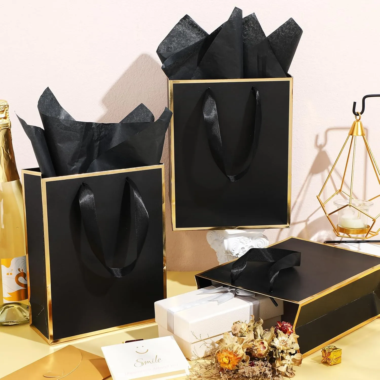 Yeaqee 10 Pack Metallic Paper Gift Bags with Handles Tissue Paper Thank You 5 Senses Gift Bags for Him Her Graduation Baby Shower Wedding Bridal Shower Groomsmen Favor 9 x 7 x 3.15''(Black, Gold)