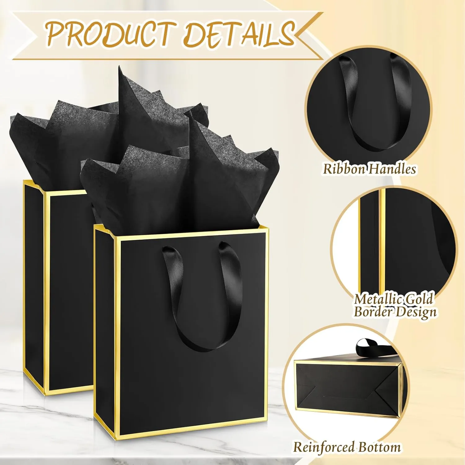 Yeaqee 10 Pack Metallic Paper Gift Bags with Handles Tissue Paper Thank You 5 Senses Gift Bags for Him Her Graduation Baby Shower Wedding Bridal Shower Groomsmen Favor 9 x 7 x 3.15''(Black, Gold)