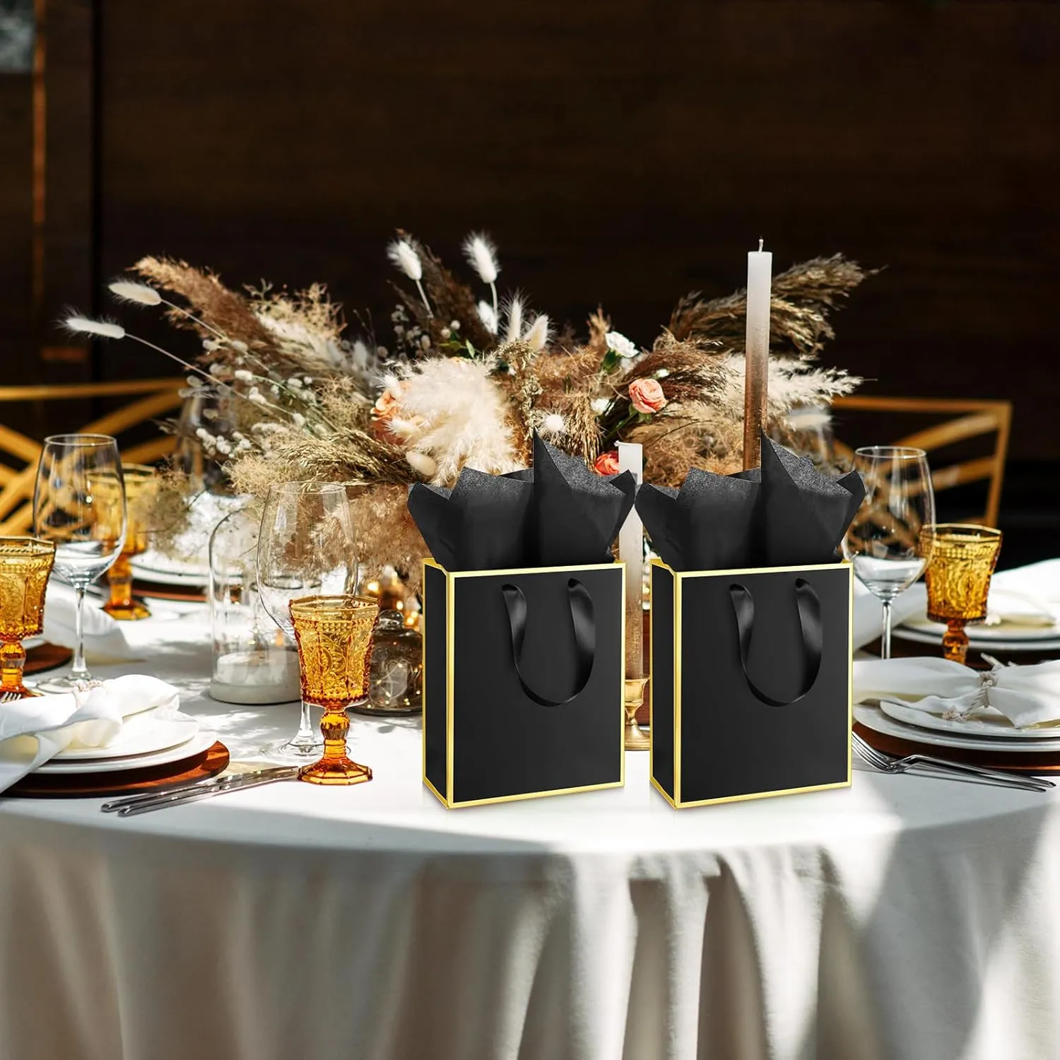 Yeaqee 10 Pack Metallic Paper Gift Bags with Handles Tissue Paper Thank You 5 Senses Gift Bags for Him Her Graduation Baby Shower Wedding Bridal Shower Groomsmen Favor 9 x 7 x 3.15''(Black, Gold)