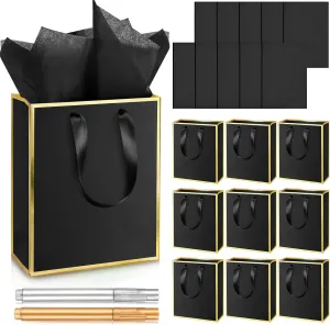 Yeaqee 10 Pack Metallic Paper Gift Bags with Handles Tissue Paper Thank You 5 Senses Gift Bags for Him Her Graduation Baby Shower Wedding Bridal Shower Groomsmen Favor 9 x 7 x 3.15''(Black, Gold)