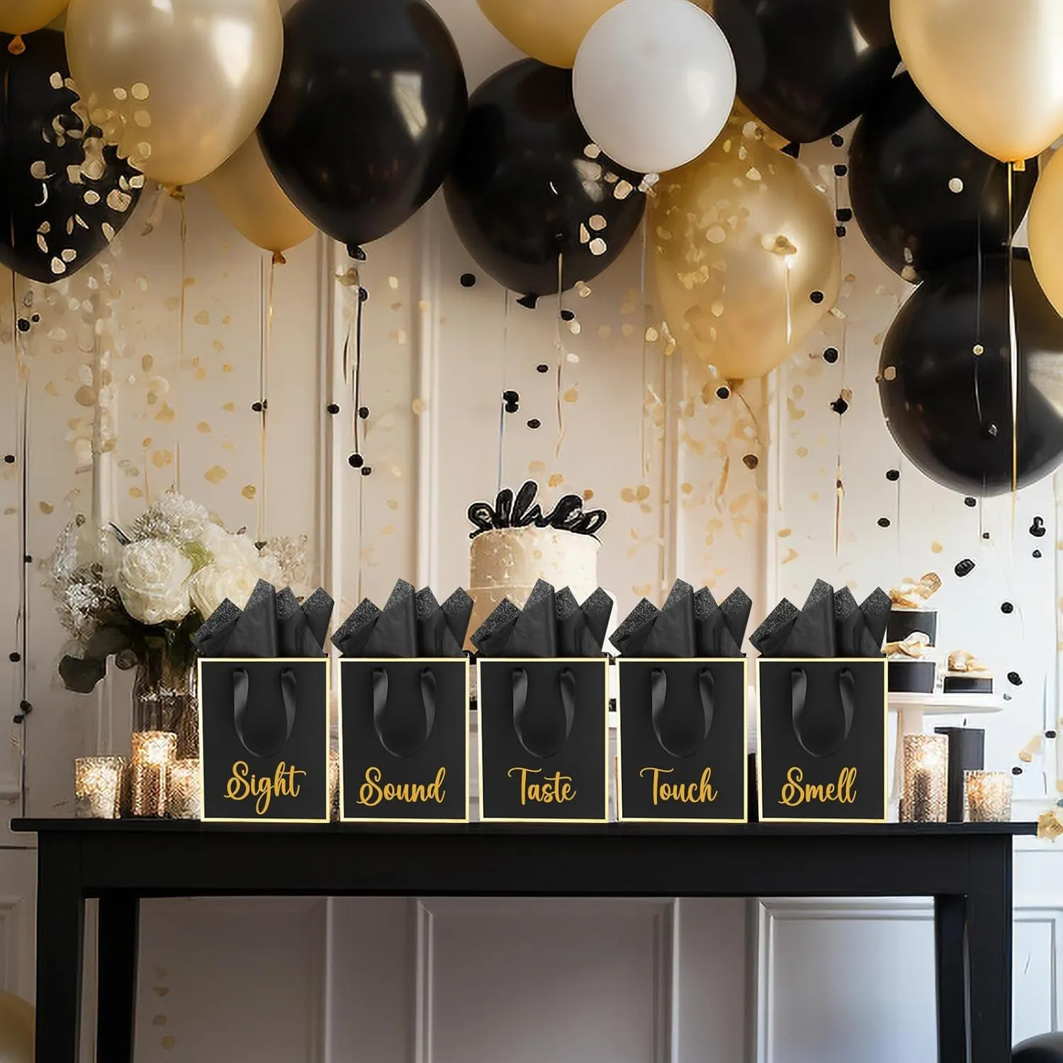 Yeaqee 10 Pack Metallic Paper Gift Bags with Handles Tissue Paper Thank You 5 Senses Gift Bags for Him Her Graduation Baby Shower Wedding Bridal Shower Groomsmen Favor 9 x 7 x 3.15''(Black, Gold)