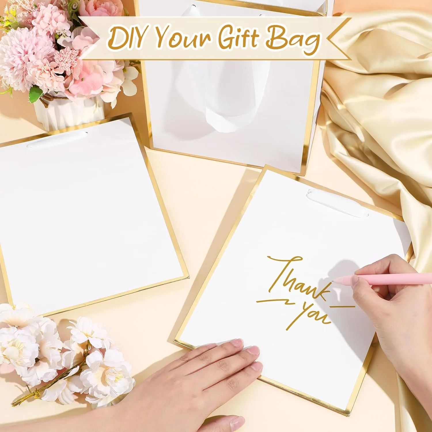 Yeaqee 24 Pack Metallic Paper Gift Bags with Handle and Tissue 9x7x3.1 Welcome Gift Thank You Bags for Wedding Bridal Shower Groomsmen Holidays Birthday Party(White Gold)