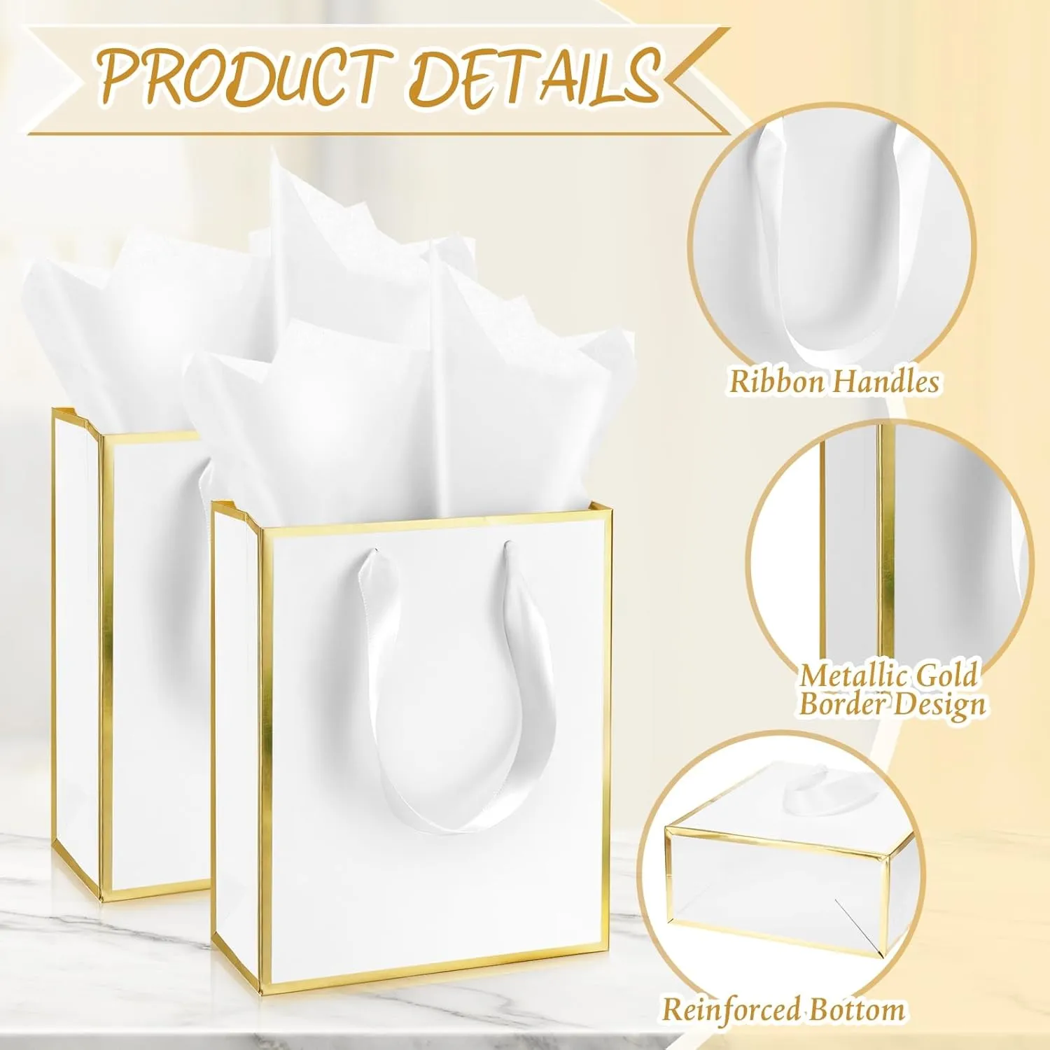 Yeaqee 24 Pack Metallic Paper Gift Bags with Handle and Tissue 9x7x3.1 Welcome Gift Thank You Bags for Wedding Bridal Shower Groomsmen Holidays Birthday Party(White Gold)
