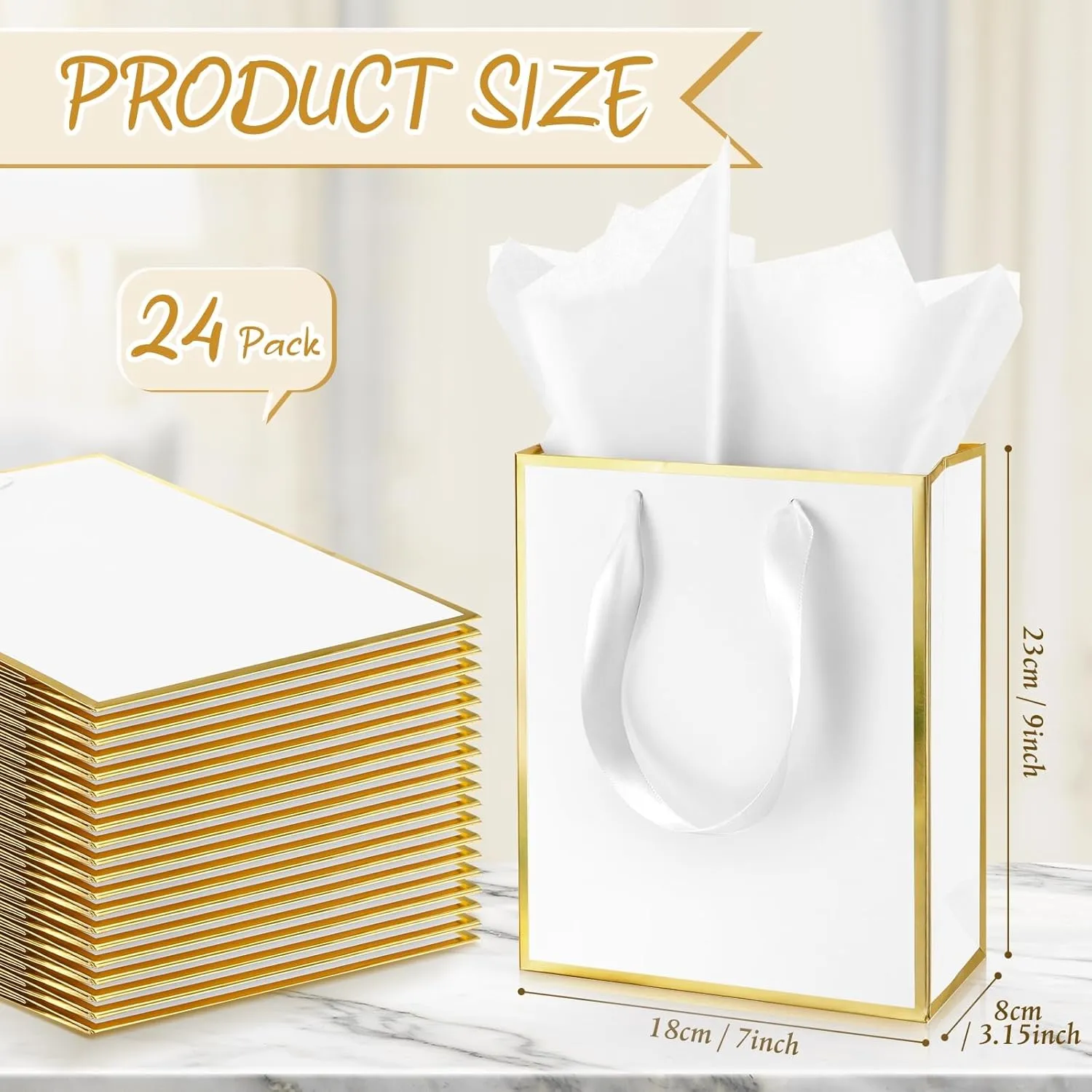 Yeaqee 24 Pack Metallic Paper Gift Bags with Handle and Tissue 9x7x3.1 Welcome Gift Thank You Bags for Wedding Bridal Shower Groomsmen Holidays Birthday Party(White Gold)