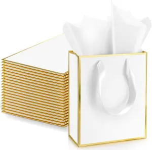 Yeaqee 24 Pack Metallic Paper Gift Bags with Handle and Tissue 9x7x3.1 Welcome Gift Thank You Bags for Wedding Bridal Shower Groomsmen Holidays Birthday Party(White Gold)