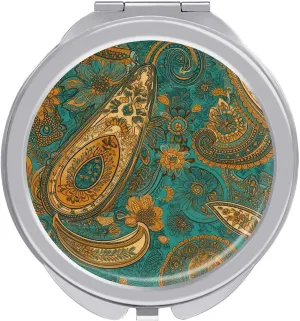 Yellow Paisley Pattern Portable Makeup Mirror, Sided Travel Hand Mirror Mini Folding Mirror for Precise Makeup Women Daily Use