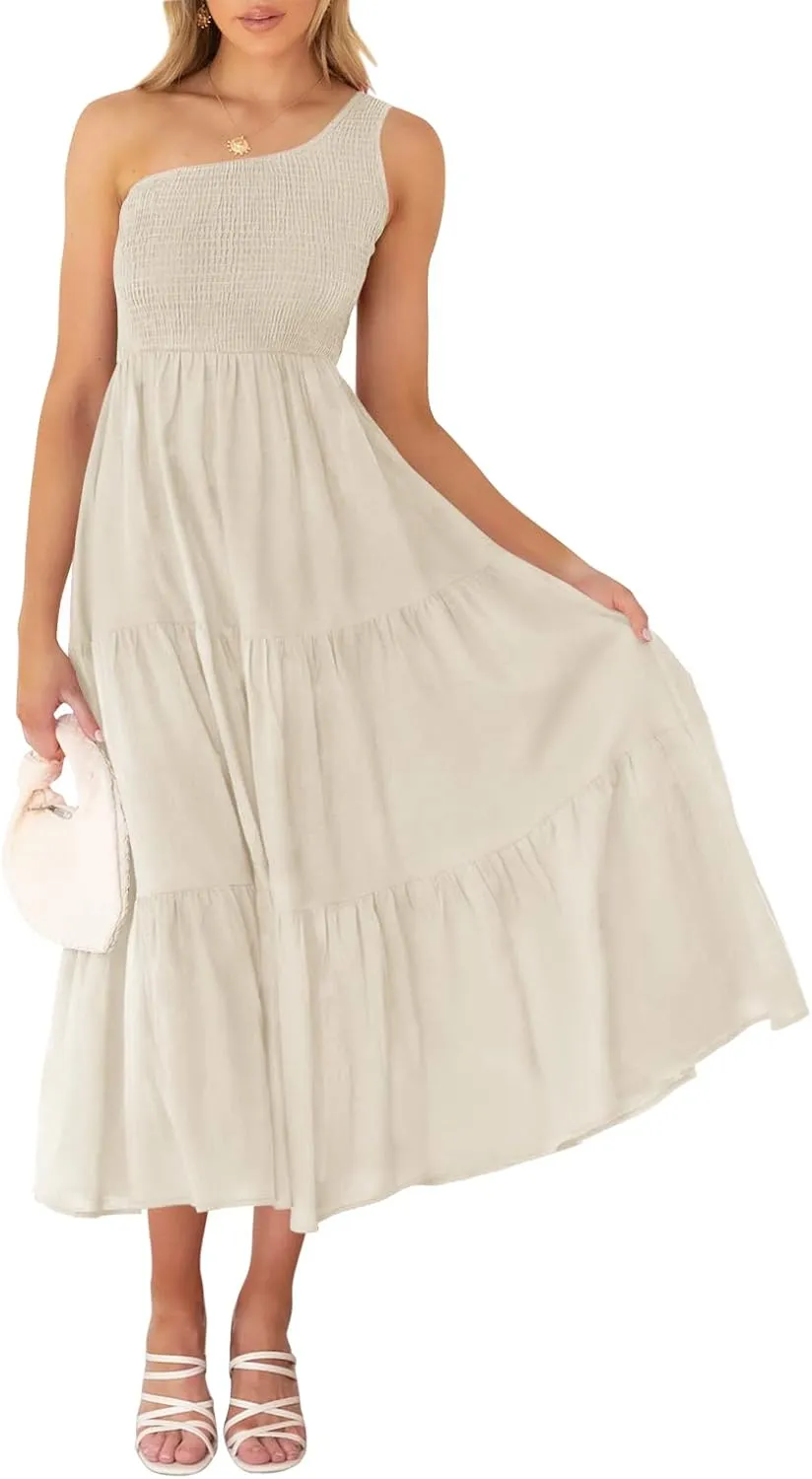 ZCSIA Women's 2024 Summer Boho One Shoulder Sleeveless Solid Color Ruffle Beach Party Tiered Midi Dress