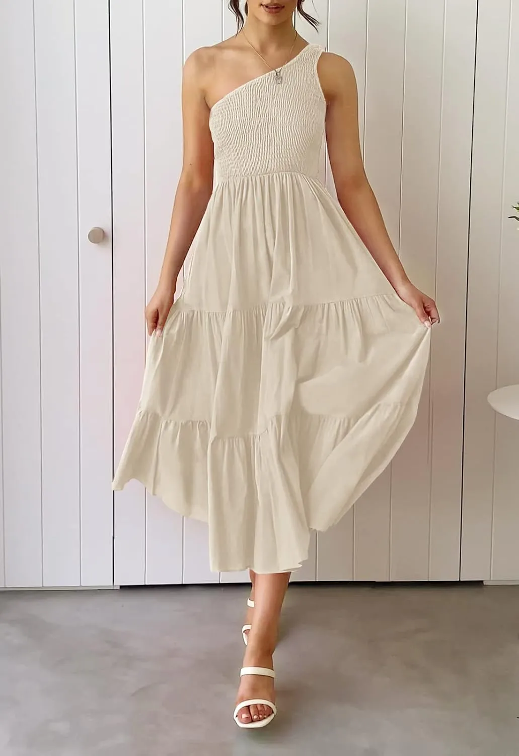 ZCSIA Women's 2024 Summer Boho One Shoulder Sleeveless Solid Color Ruffle Beach Party Tiered Midi Dress