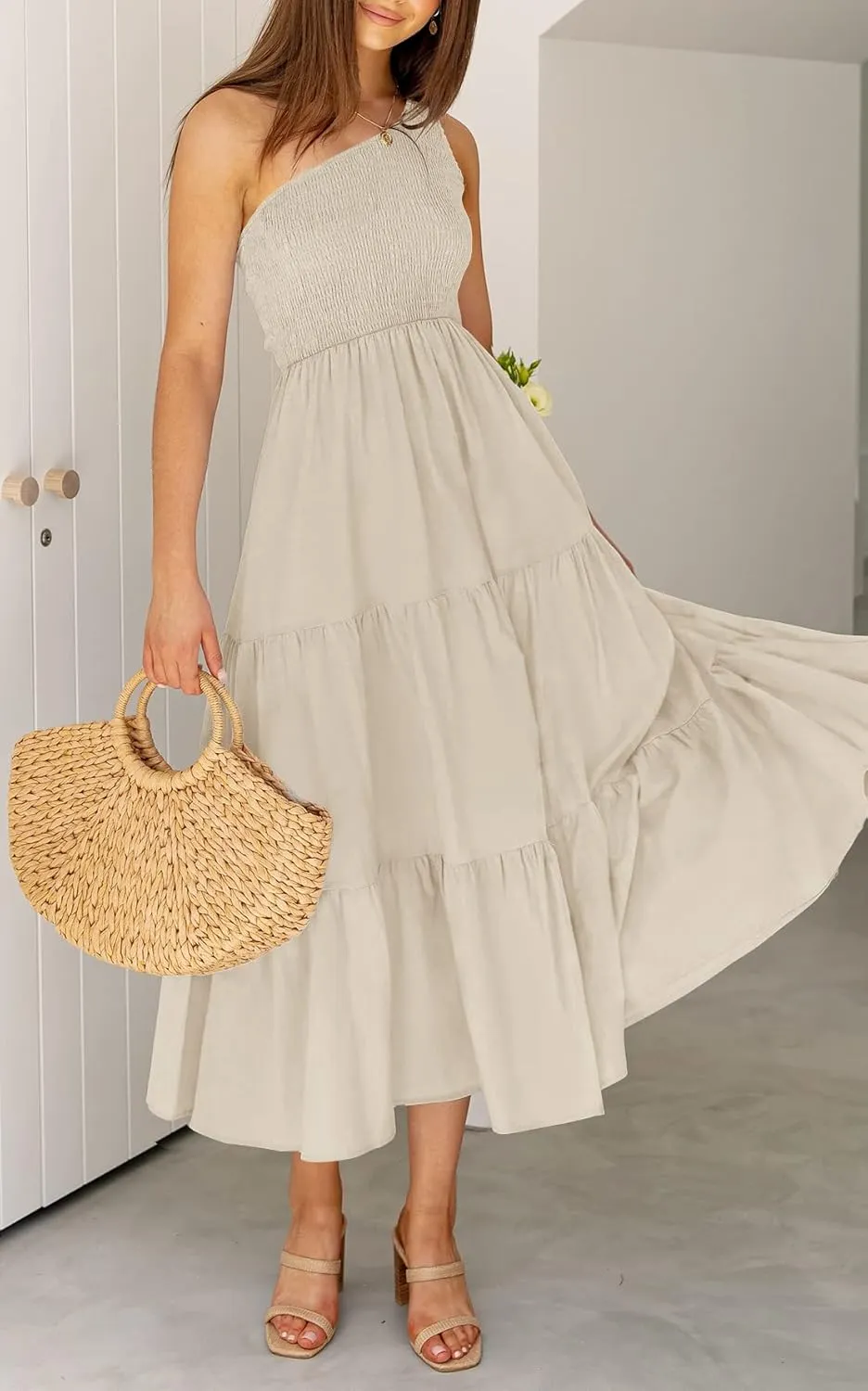 ZCSIA Women's 2024 Summer Boho One Shoulder Sleeveless Solid Color Ruffle Beach Party Tiered Midi Dress