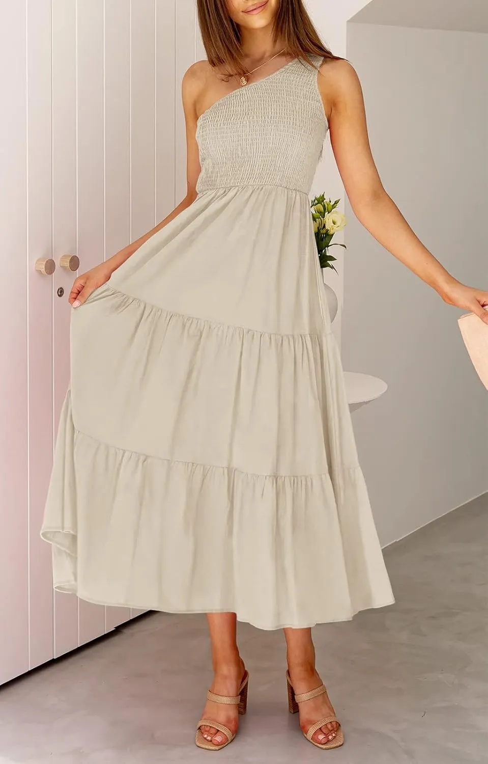 ZCSIA Women's 2024 Summer Boho One Shoulder Sleeveless Solid Color Ruffle Beach Party Tiered Midi Dress