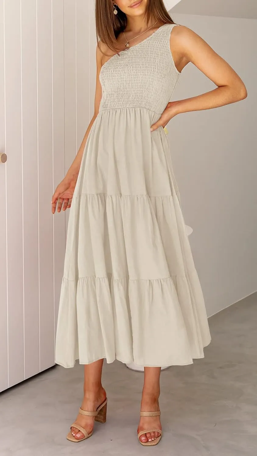ZCSIA Women's 2024 Summer Boho One Shoulder Sleeveless Solid Color Ruffle Beach Party Tiered Midi Dress