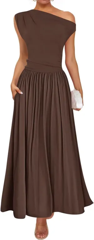 ZESICA Women's Summer 2025 Sleeveless Maxi Dress One Shoulder Casual Slim Swing Pleated Formal Dresses with Pockets