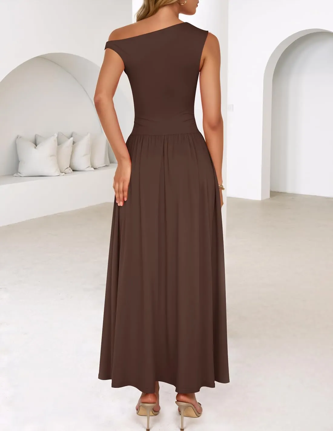 ZESICA Women's Summer 2025 Sleeveless Maxi Dress One Shoulder Casual Slim Swing Pleated Formal Dresses with Pockets
