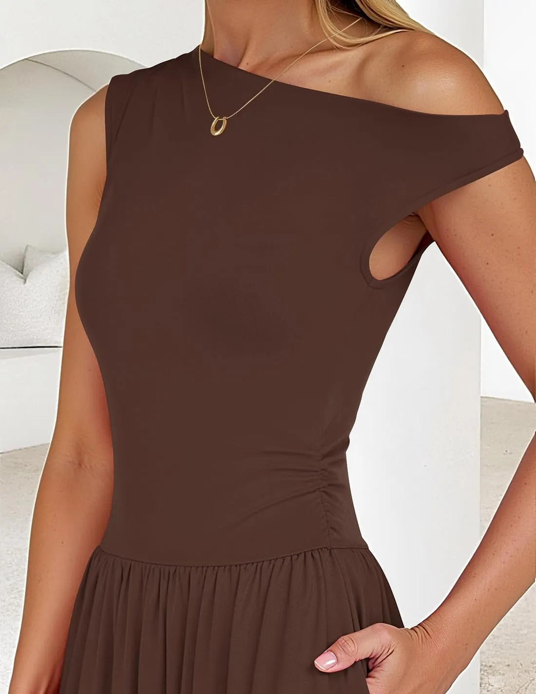 ZESICA Women's Summer 2025 Sleeveless Maxi Dress One Shoulder Casual Slim Swing Pleated Formal Dresses with Pockets