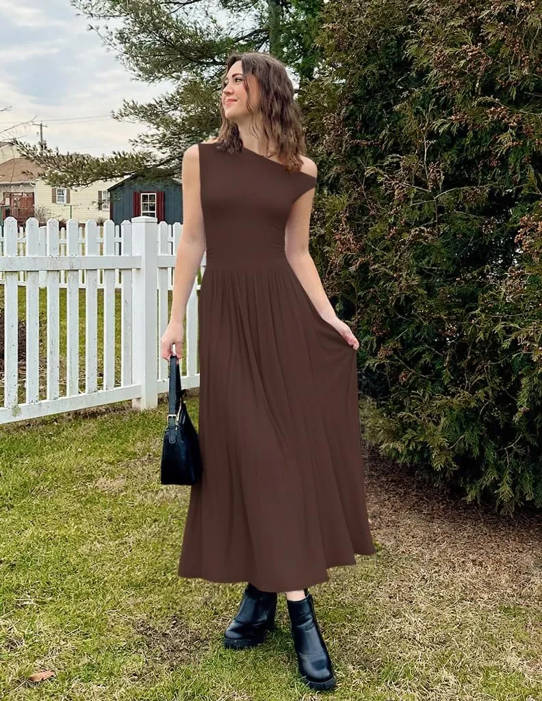 ZESICA Women's Summer 2025 Sleeveless Maxi Dress One Shoulder Casual Slim Swing Pleated Formal Dresses with Pockets