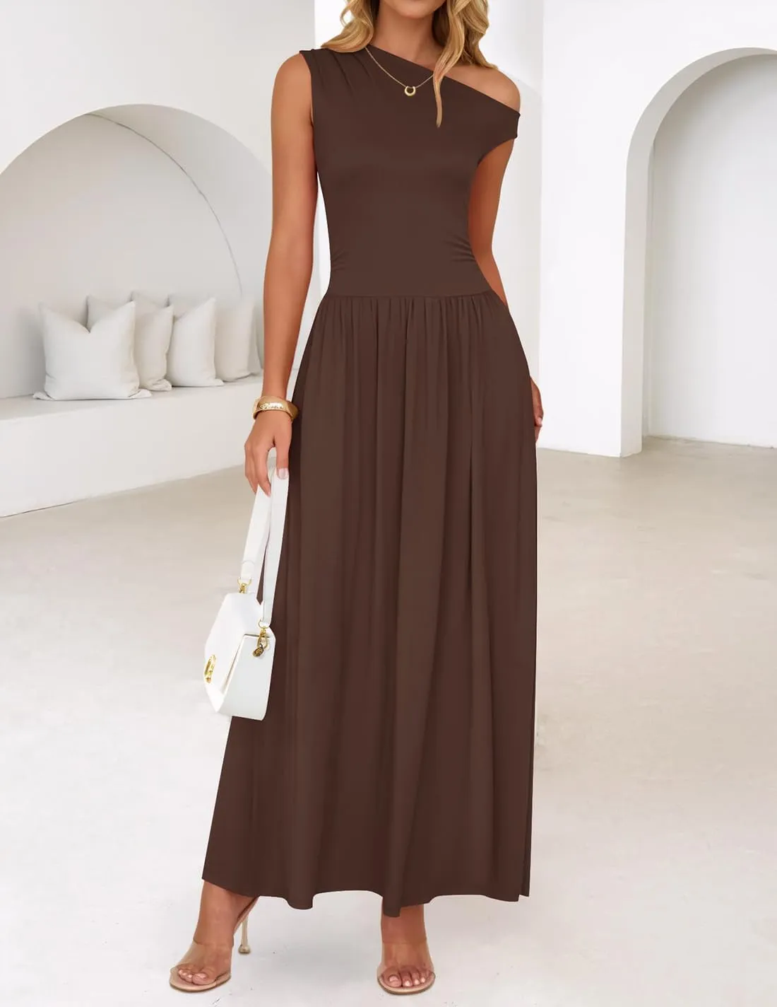 ZESICA Women's Summer 2025 Sleeveless Maxi Dress One Shoulder Casual Slim Swing Pleated Formal Dresses with Pockets