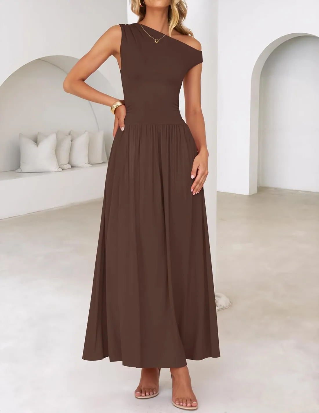 ZESICA Women's Summer 2025 Sleeveless Maxi Dress One Shoulder Casual Slim Swing Pleated Formal Dresses with Pockets