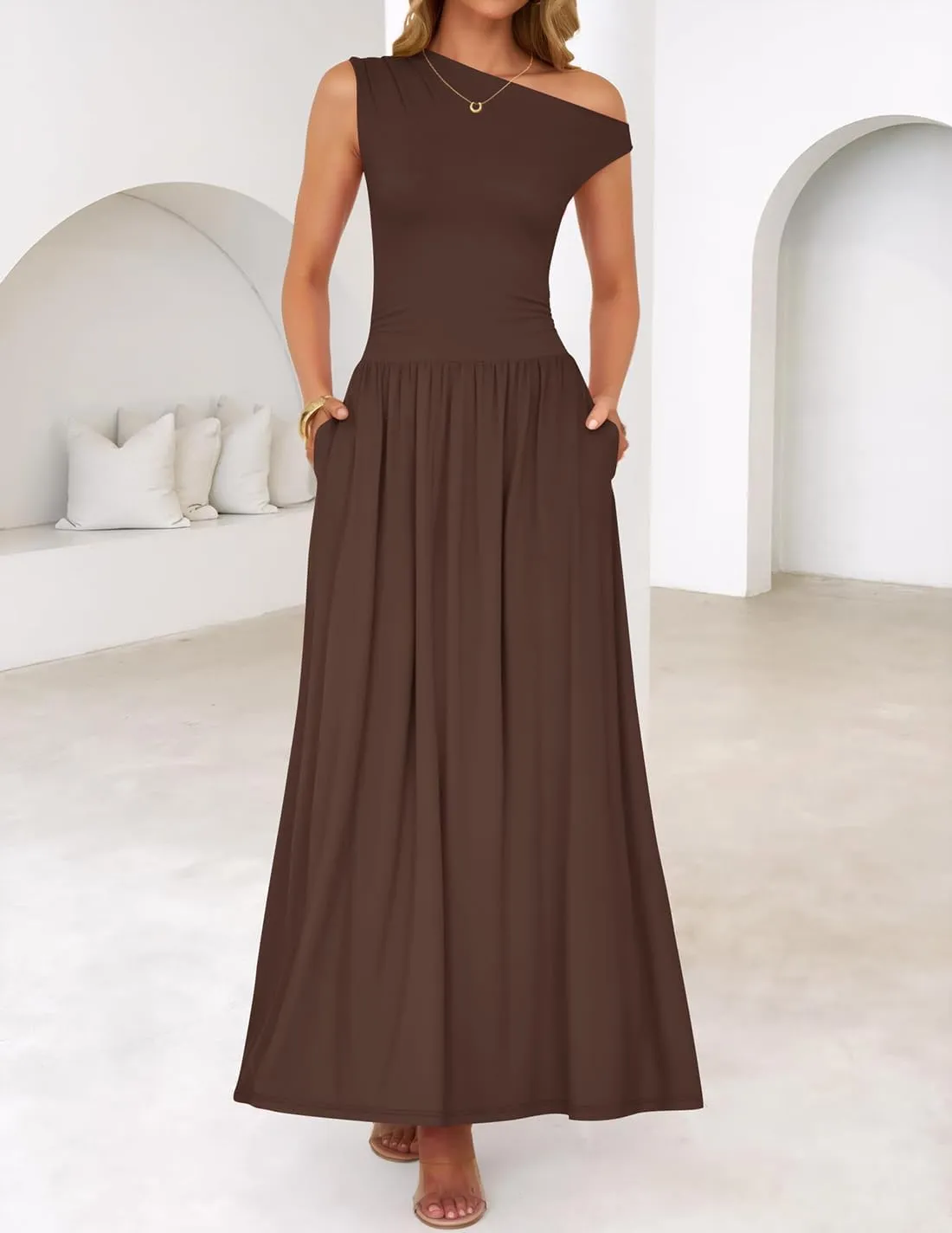 ZESICA Women's Summer 2025 Sleeveless Maxi Dress One Shoulder Casual Slim Swing Pleated Formal Dresses with Pockets