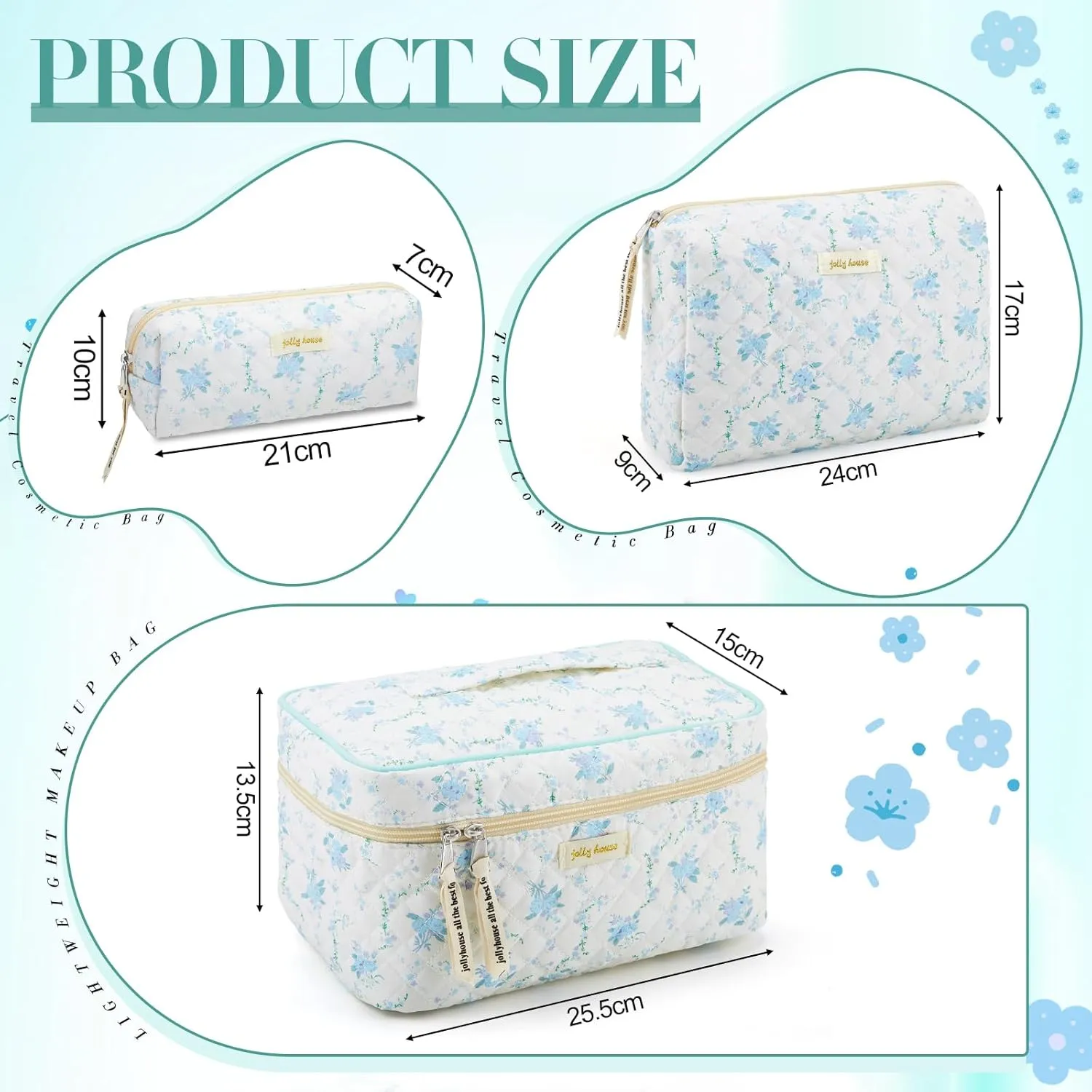 Zeyune 3 Pcs Quilted Makeup Bag Large Cotton Cosmetic Floral Makeup Bag Travel Toiletry Storage Aesthetic Cute Cosmetic Pouch with Zipper for Women Mom Birthday Gift Home Bathroom(Peony)