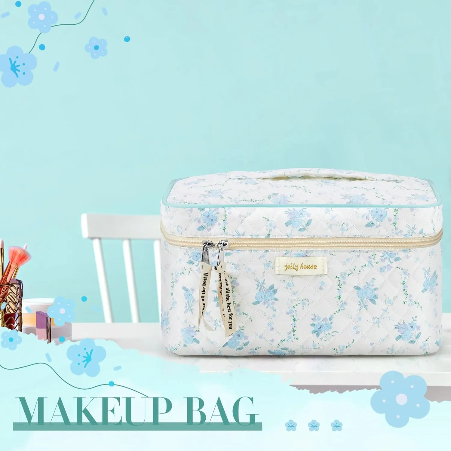 Zeyune 3 Pcs Quilted Makeup Bag Large Cotton Cosmetic Floral Makeup Bag Travel Toiletry Storage Aesthetic Cute Cosmetic Pouch with Zipper for Women Mom Birthday Gift Home Bathroom(Peony)