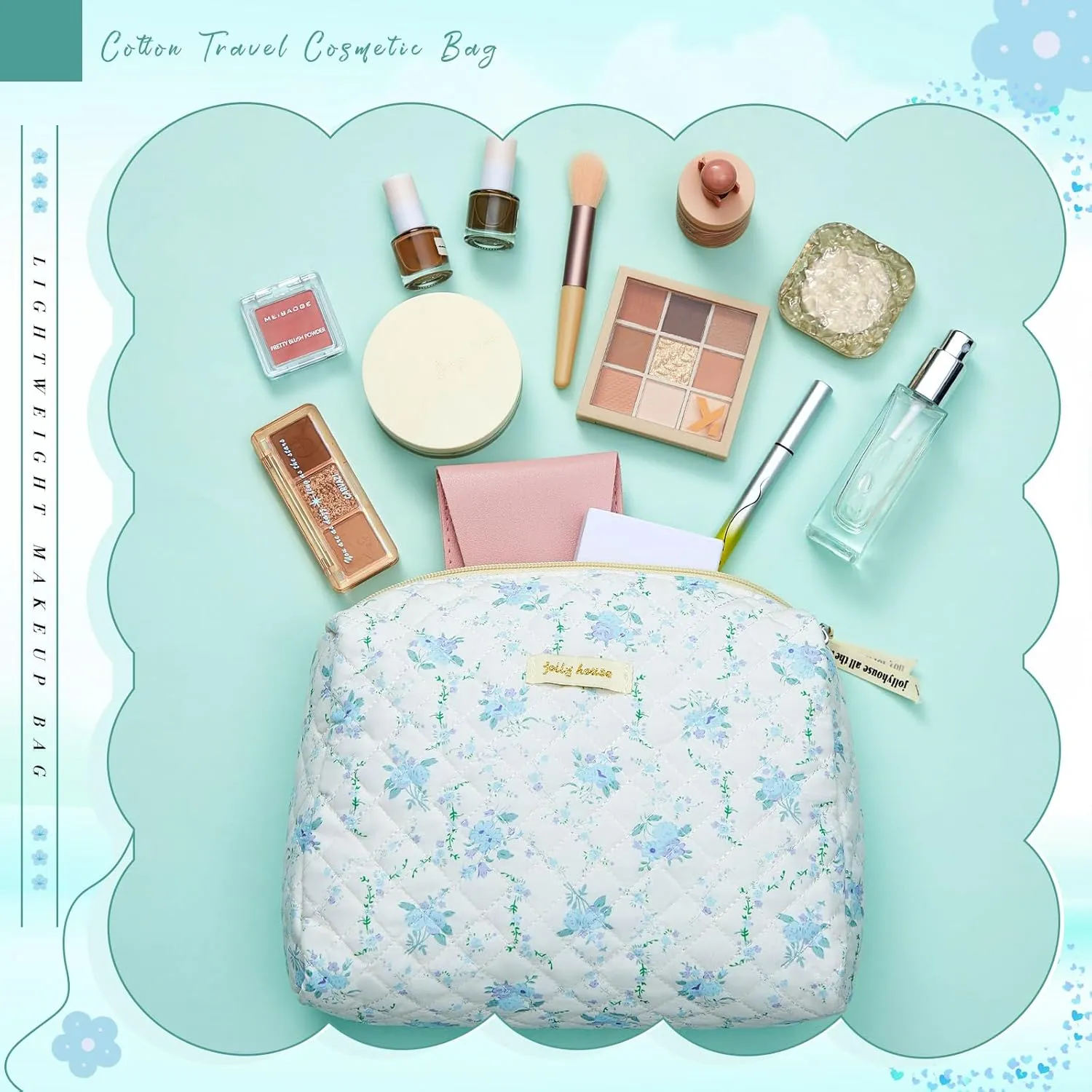 Zeyune 3 Pcs Quilted Makeup Bag Large Cotton Cosmetic Floral Makeup Bag Travel Toiletry Storage Aesthetic Cute Cosmetic Pouch with Zipper for Women Mom Birthday Gift Home Bathroom(Peony)