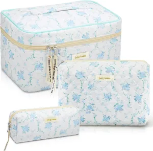 Zeyune 3 Pcs Quilted Makeup Bag Large Cotton Cosmetic Floral Makeup Bag Travel Toiletry Storage Aesthetic Cute Cosmetic Pouch with Zipper for Women Mom Birthday Gift Home Bathroom(Peony)