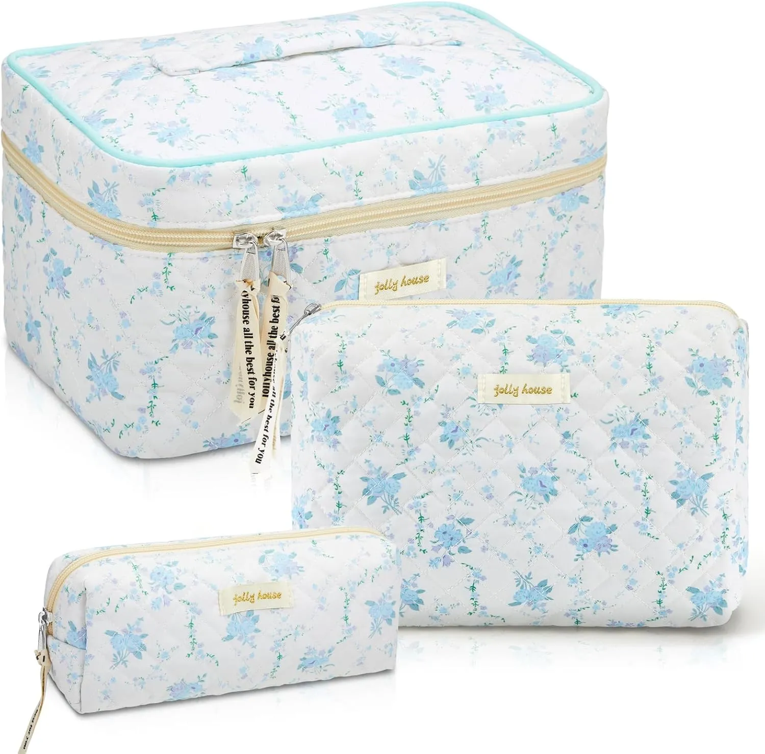 Zeyune 3 Pcs Quilted Makeup Bag Large Cotton Cosmetic Floral Makeup Bag Travel Toiletry Storage Aesthetic Cute Cosmetic Pouch with Zipper for Women Mom Birthday Gift Home Bathroom(Peony)