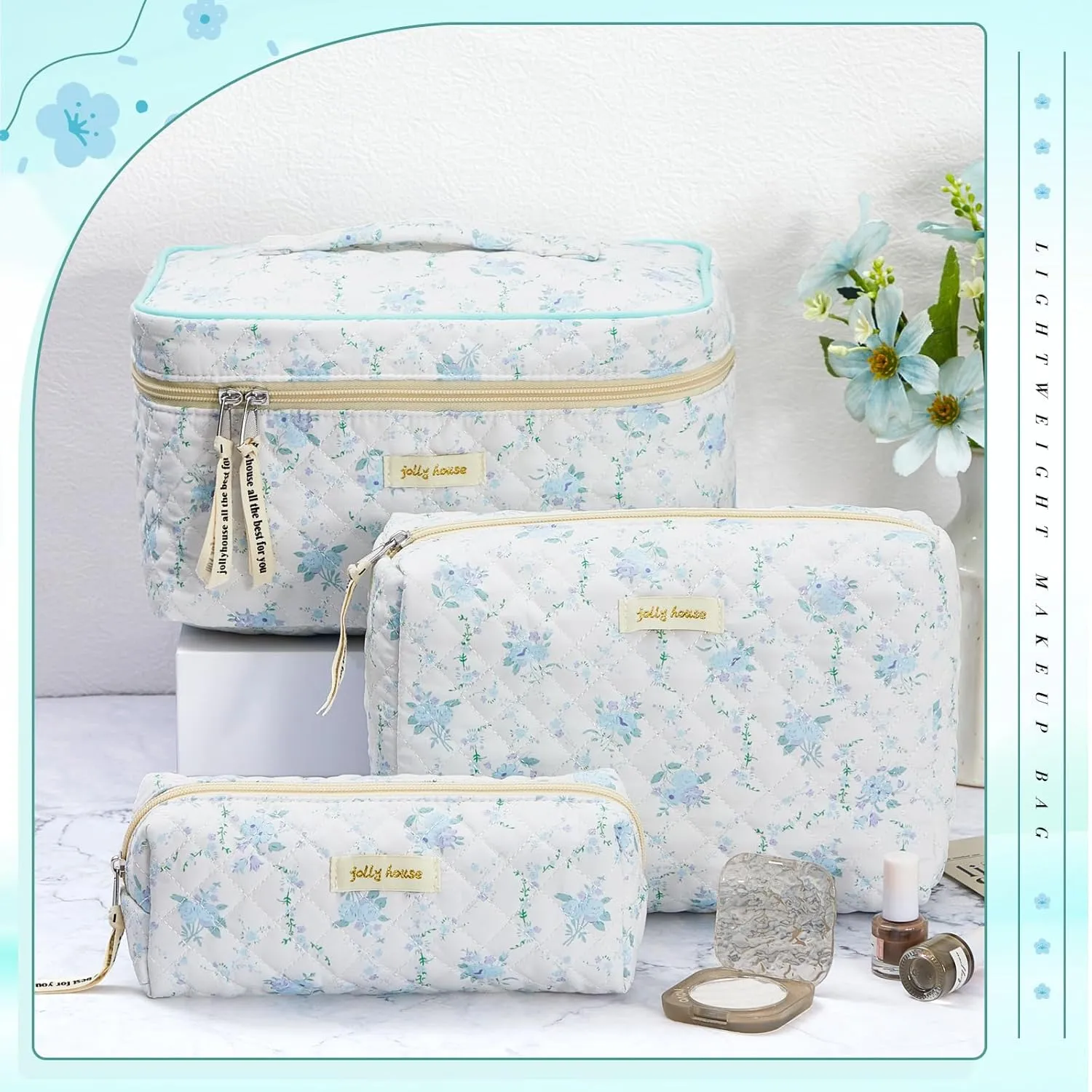 Zeyune 3 Pcs Quilted Makeup Bag Large Cotton Cosmetic Floral Makeup Bag Travel Toiletry Storage Aesthetic Cute Cosmetic Pouch with Zipper for Women Mom Birthday Gift Home Bathroom(Peony)