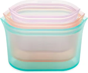 Zip Top Reusable Food Storage Bags | 3 Dish Set [Teal/Peach/Lavender] - Small, Medium, Large | Silicone Meal Prep Container | Microwave, Dishwasher and Freezer Safe | Made in the USA
