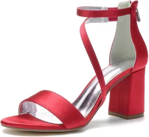 Zipper Heels for Women Low Chunky Block Heel Dress Shoes Adjustable Round Toe Open Toe Ankle Strap Heeled Sandals(Red,5.5 UK)
